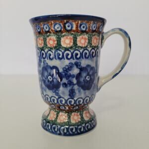 Vintage Unikat Polish Pottery Floral Footed Mug Cup 57A Hand Painted Stoneware